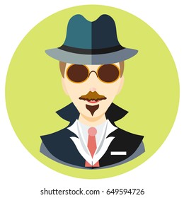 Icon man spy in a flat style. Vector image on a round colored background. Element of design, interface. Image in the cartoon style