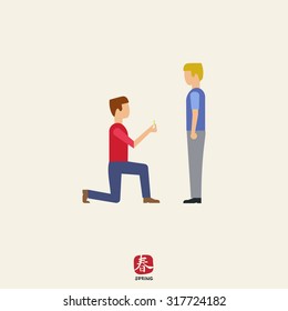 Icon of man standing on his knee in front of man and giving ring