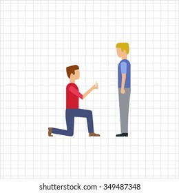 Icon of man standing on his knee in front of man and giving ring