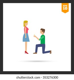 Icon of man standing on his knee in front of woman and giving ring