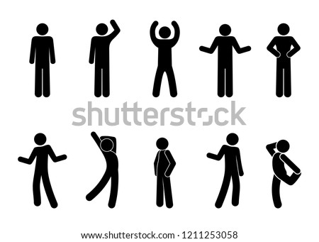 icon man stands, a set of pictograms, various poses and body position of standing people, stick figure human silhouette