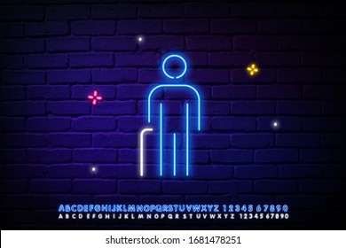 icon of a man with a stick. Elements of disabled icons in neon style. Simple icon for websites, web design, mobile apps .