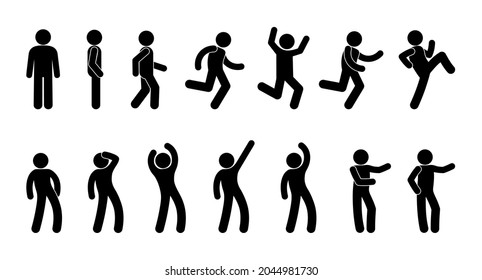 icon man, stick figure people, stickman walks, stands and runs, set of human silhouettes, vector illustration