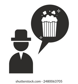 icon man thinking about popcorn, cinema snack sign, eating popcorn, flat vector illustration on a white background