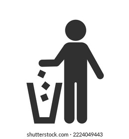 Un ícono arroja basura a la basura. icono negro en un fondo blanco. ilustración vectorial