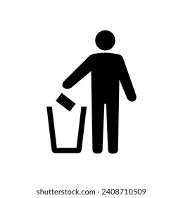 Icon of a man with a trash can (Tidyman), packaging recycling sign. Marking, sing on the packaging, person throws out garbage.