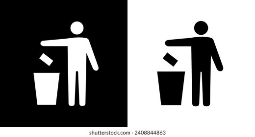 Icon of a man with a trash can (Tidyman), packaging recycling sign. Marking, sing on the packaging, person throws out garbage.