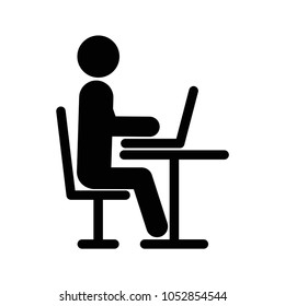 Icon of man using computer. Person sit and working on laptop icon. Vector illustration