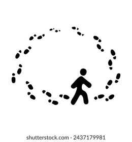 Icon of a man walking in a circle in his steps, black silhouette of the character and traces, vector image