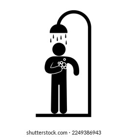 icon man washing in the shower, stick figure human silhouette, shower cabin isolated symbol