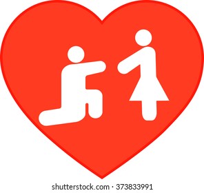 icon man and woman, man makes a proposal to girl of marriage, outlined, red heart vector