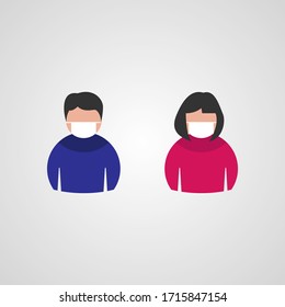Icon man and woman in medical face protection mask. Illustration for concepts of disease, sickness, alergies, pollution, coronavirus