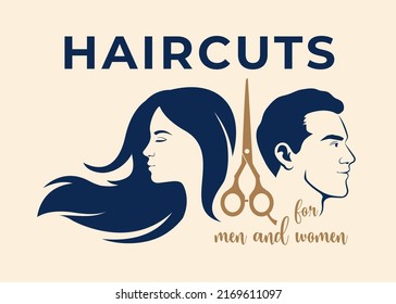 Icono hombre, mujer y tijeras. Plantilla de logotipo de peluquería para mujeres y hombres.