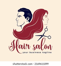 Icon Man, Woman, And Scissors. Unisex Hair Salon Logo On The Background.