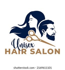 Icon man, woman, and scissors. Unisex hair salon logotype.