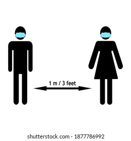 icon man and woman wear medical face mask maintain social distancing. social isolation and self quarantine concept. coronavirus