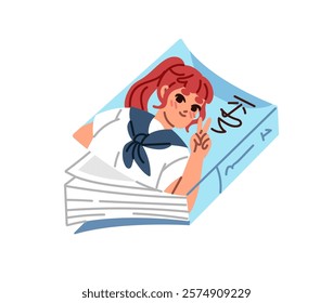 Icon of manga with cute girl on cover. Paper anime book. Asian comic, Japanese literature for reading. Fiction or romantic story in Japan. Flat isolated vector illustration on white background