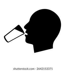 Icon of a man's head drinking water in a glass. Concept of a head with a glass of water. Isolated on a white background. Silhouette vector illustration