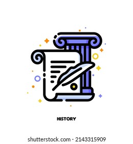 Icon Of Manuscript With Quill And Ionic Column For History Or Paleontology Science Concepts. Flat Filled Outline Style. Pixel Perfect 64x64. Editable Stroke