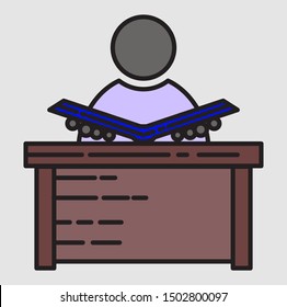 Icon a man/woman reading book on the table. Isolated on gray background