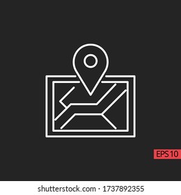 Icon map line, outline vector sign, linear style pictogram isolated on black. Sign or symbol.