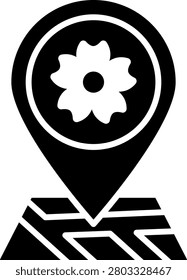 Icon of a map location pin with cherry blossom symbol representing Japan travel destination and sakura viewing spots