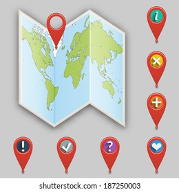 Icon of map and set  of different pointers.  Vector illustration.