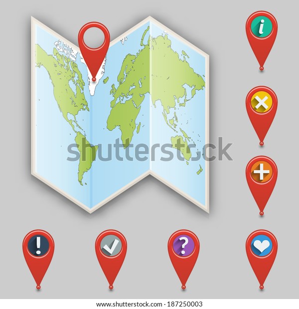 Icon of map and set  of different pointers.\
 Vector illustration.