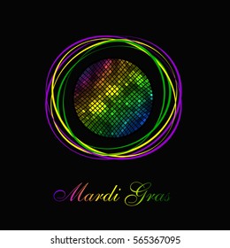 Icon Mardi Gras carnival. Bright colorful lights in frame. Festival New Orleans "Fat Tuesday". Dark background with colored sparkles. Congratulation to the holiday Shrove Tuesday. Bright disco mosaic