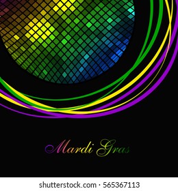 Icon Mardi Gras carnival. Bright colorful lights in frame. Festival New Orleans "Fat Tuesday". Dark background with colored sparkles. Congratulation to the holiday Shrove Tuesday. Bright disco mosaic