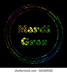 Icon Mardi Gras carnival. Bright colorful lights in frame. Festival New Orleans "Fat Tuesday". Dark background with colored sparkles. Congratulation to the holiday Shrove Tuesday. Bright disco mosaic
