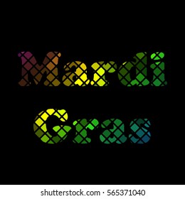 Icon Mardi Gras carnival. Bright colorful lights. Festival New Orleans "Fat Tuesday". Dark background with colored sparkles. Congratulation to the holiday Shrove Tuesday. Bright disco mosaic
