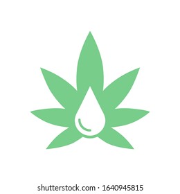 Icon of a marijuana leaf with a drop of oil. Flat and green design.