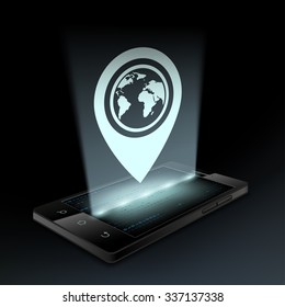 Icon marker navigation on the screen smartphone. Hologram. Stock vector illustration.