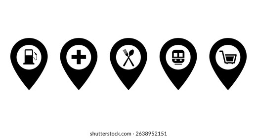 Icon marking the location of shopping centers, vehicle refueling, hospitals, restaurants and public transportation. Vector illustration.