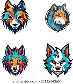 an icon mascot logo of a cute wolf, sharp black vector lines and a solid white background, triadic color