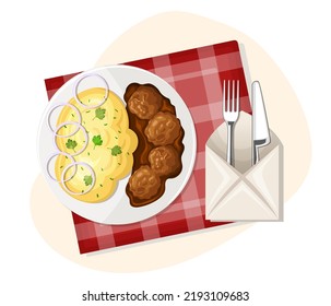 Icono de puré de papas con albóndigas, cena de chuletas, popular almuerzo saludable. Imagen del menú tradicional de puré. Platos servidos servidos servidos servilletas, tenedor, cuchillo. Vector plano aislado