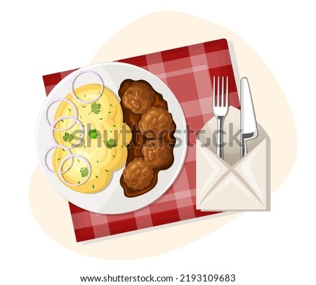 Icon of mashed potatoes with meatballs, cutlets dinner meal, popular healthy lunch. Image of traditional mash food menu. Restaurant plate served napkin, fork, knife. Isolated flat vector