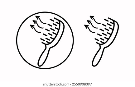 O ícone do pente de massagem, as setas mostram o efeito de massagem. Cabeleireiro ferramenta de estilo de cabelo. Ilustração isolada de vetor. Beleza, silhueta preta, pente de cabelo, design de ícone vetorial.