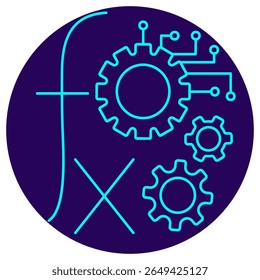 Ícone da Otimização de Função Matemática no AI. Pictograma vetorial com linhas finas sobre um fundo circular azul escuro. Simboliza algoritmos, funções e modelos matemáticos automatizados de IA