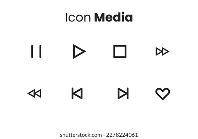 Icon media in bundle with eight icon. play, pause, stop, forward, rewind, favorites icon. suitable for your UI design, or graphic resources, mobile app and music player resources.