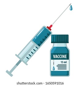 Icon of a medical ampoule with a vaccine and a syringe. Flat-style antiviral vaccine. Vector illustration isolated on white background for design and web.