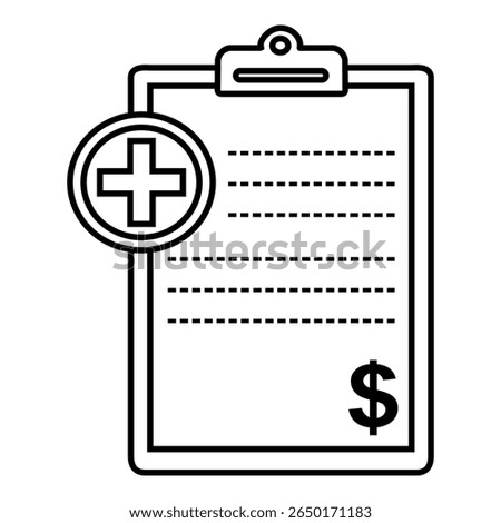 Icon of a medical bill with a clipboard, medical cross symbol, and dollar sign, representing healthcare expenses or insurance.