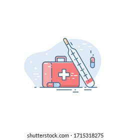 Icon of a medical case and a thermometer. Linear flat style. Conceptual illustration of emergency medical care.