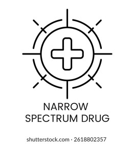 An icon of a medical cross within a targeted circle, representing narrow spectrum drugs in vector style, with an editable stroke