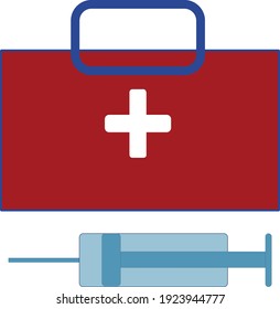 
Icon of a medical injection with a bag of first aid with a vaccine from covid-19