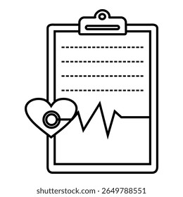 Ícone de uma área de transferência de relatório médico com um símbolo de coração e uma linha de pulsação, representando registros de saúde ou monitoramento de pacientes.