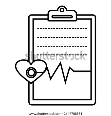 Icon of a medical report clipboard with a heart symbol and heartbeat line, representing health records or patient monitoring.