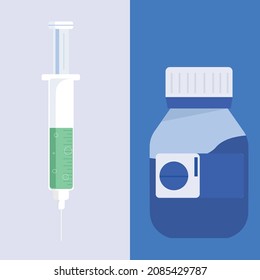 Icon medical syringe with needle and vial in flat style