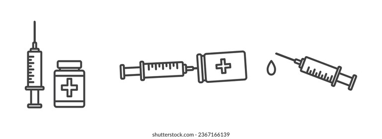 icon of medical syringe vaccine. Injection icon set, Medication dosage. Liquid medicine injection. Icon of Pharmaceutical dosage forms with outline style, isolated on white background, 